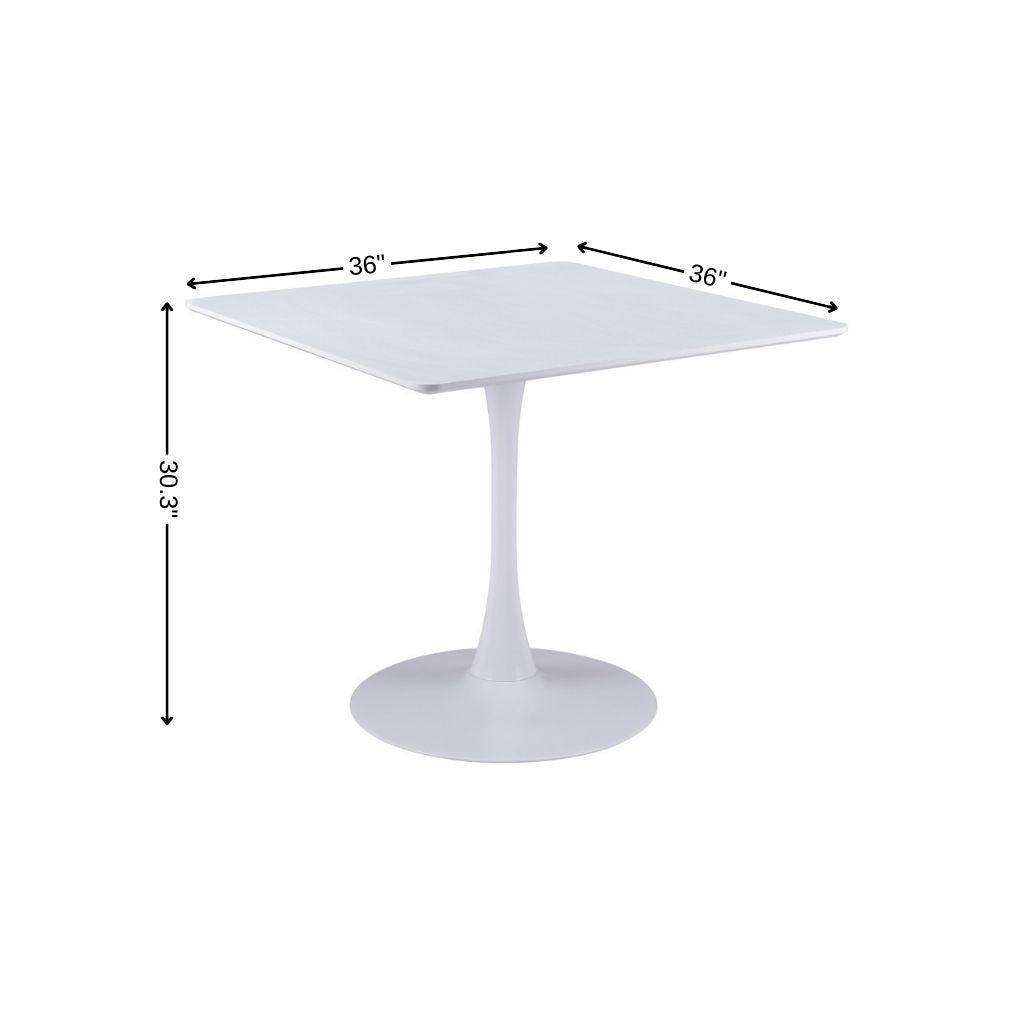 36" White Wood and Steel Pedestal Base Square Dining Table