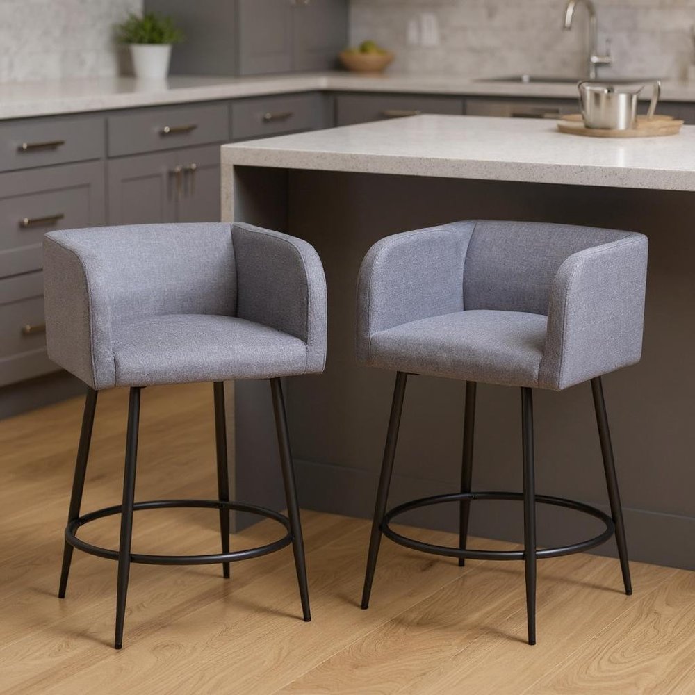 Set of Two 27" Gray and Black Fabric and Steel Counter Height Bar Chairs
