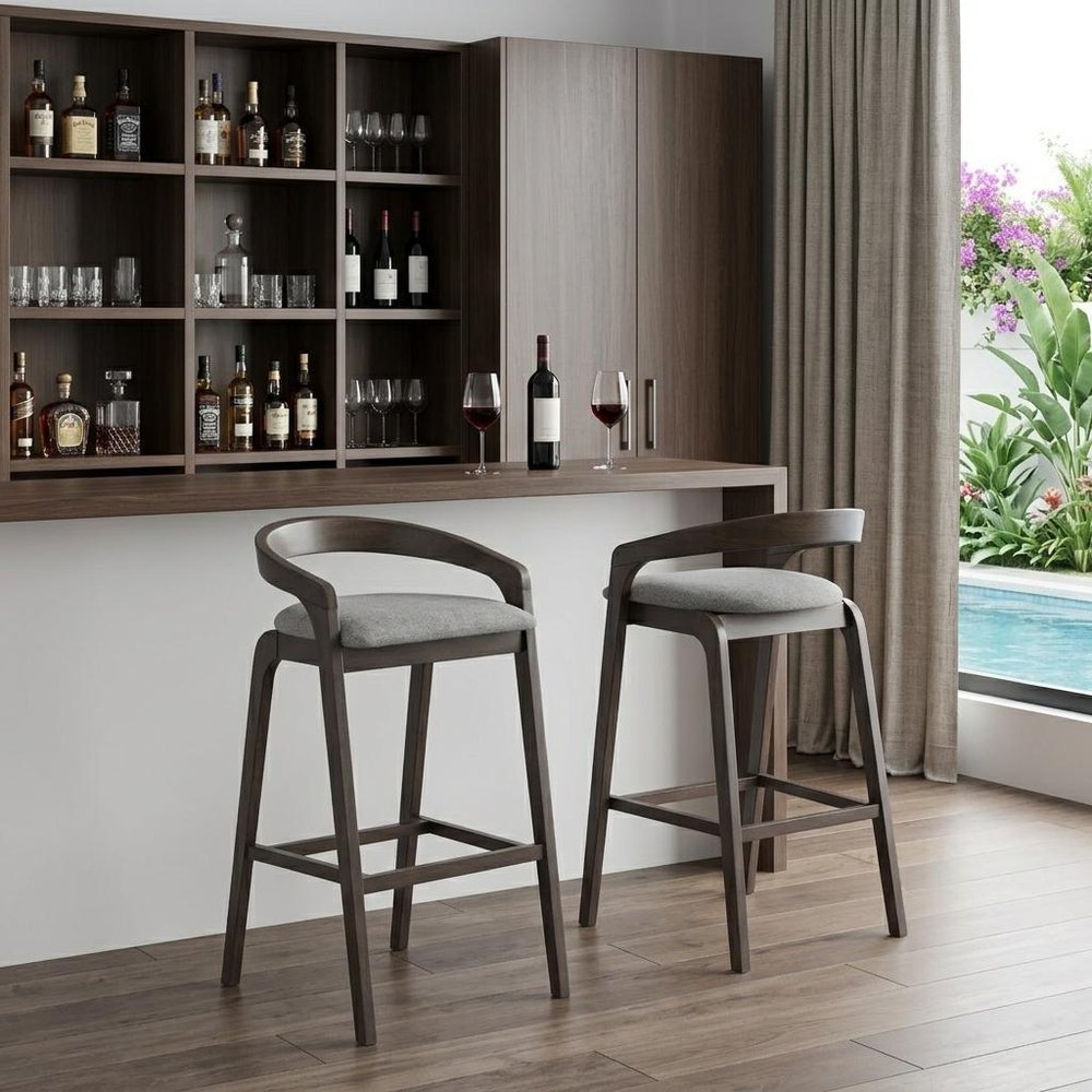 Set of Two 31" Gray And Espresso Fabric And Solid Wood Low Back Bar Height Bar Chairs