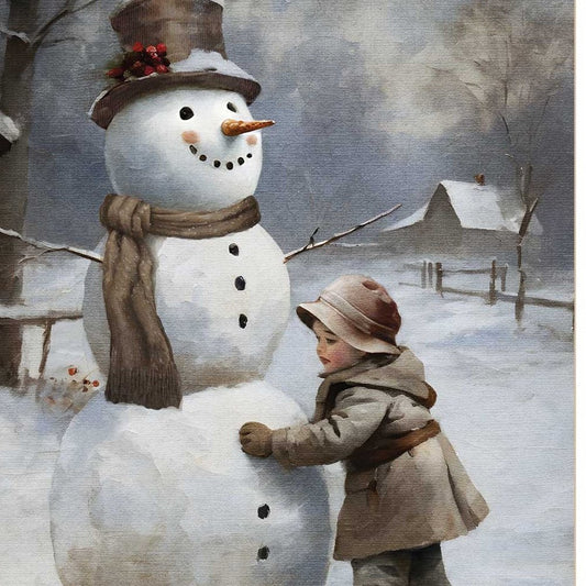 Boy Building A Snowman White Framed Wall Art