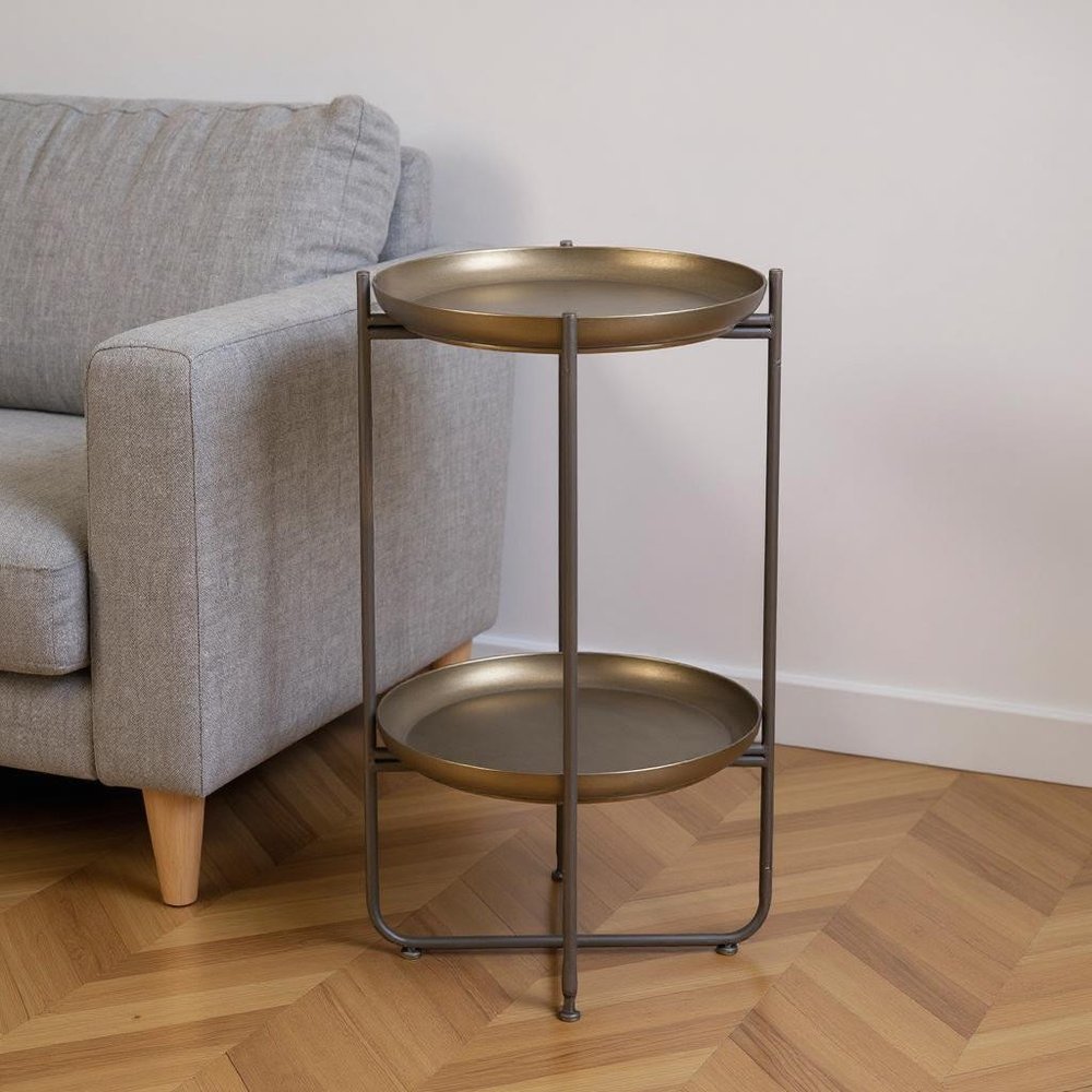 32" Bronze And Gray Steel Round Pedestal End Table