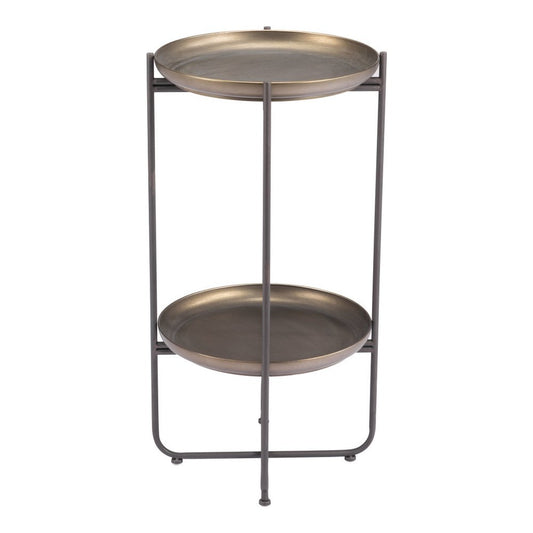 32" Bronze And Gray Steel Round Pedestal End Table