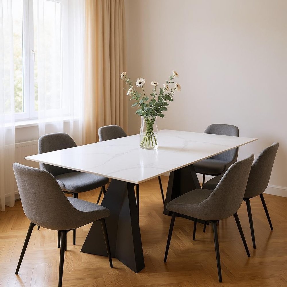 79" White and Black Sintered Stone and Steel Double Pedestal Base Dining Table