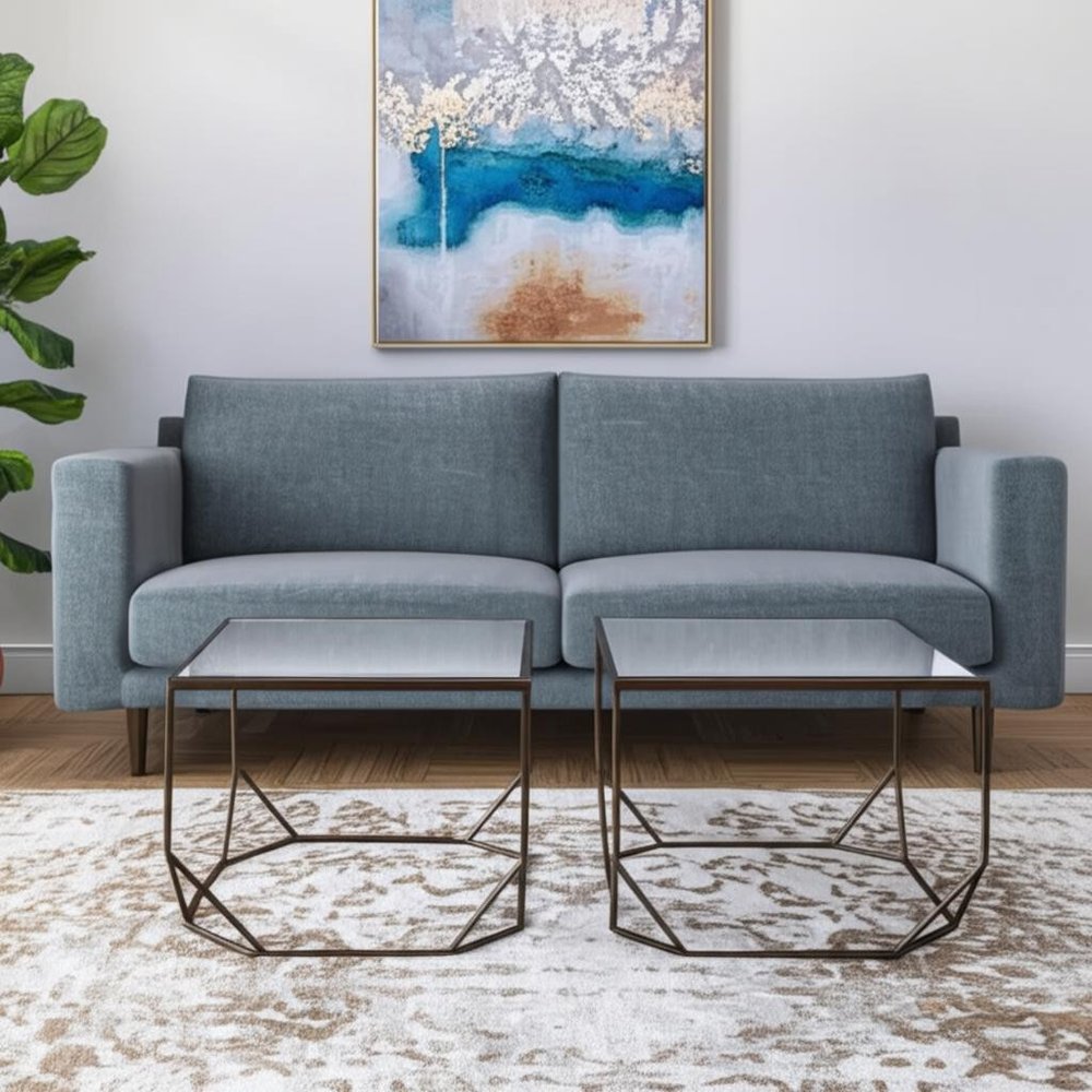 Set of Two Silver and Bronze Mirrored Glass and Steel Square Abstract Bunching Coffee Tables