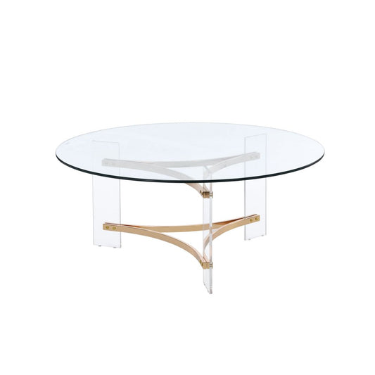 41" Clear and Gold Glass Acrylic and Brass Round Coffee Table