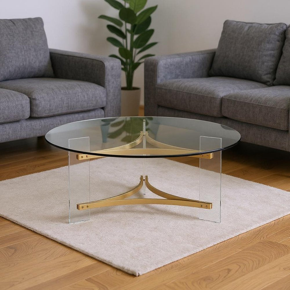 41" Clear and Gold Glass Acrylic and Brass Round Coffee Table