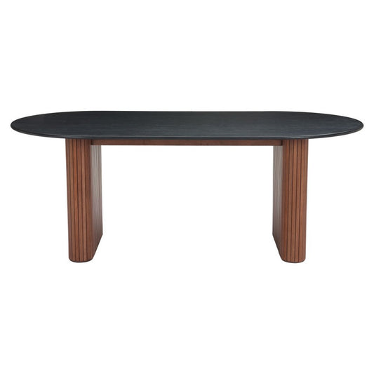 79" Black and Walnut Wood Double Pedestal Base Oval Dining Table