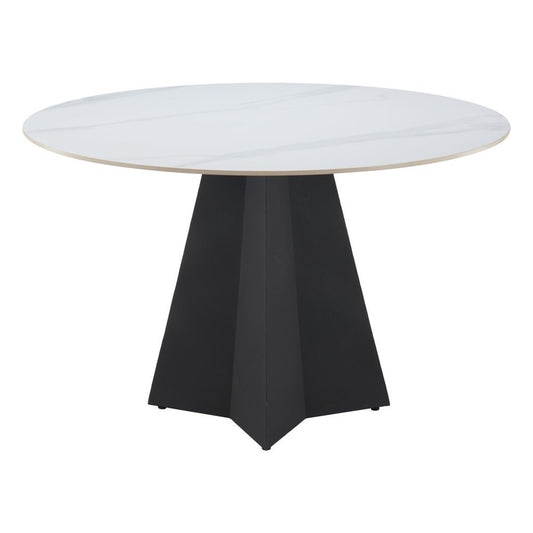 48" White and Black Sintered Stone and Steel Pedestal Base Round Dining Table