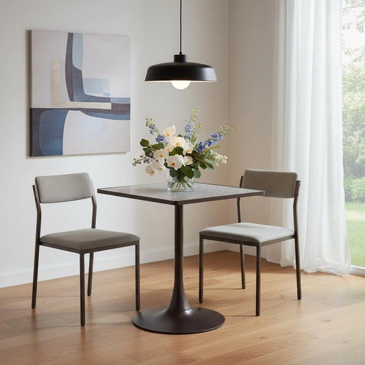 24" Gray Wood and Steel Faux Terrazzo Pedestal Base Square Dining Table