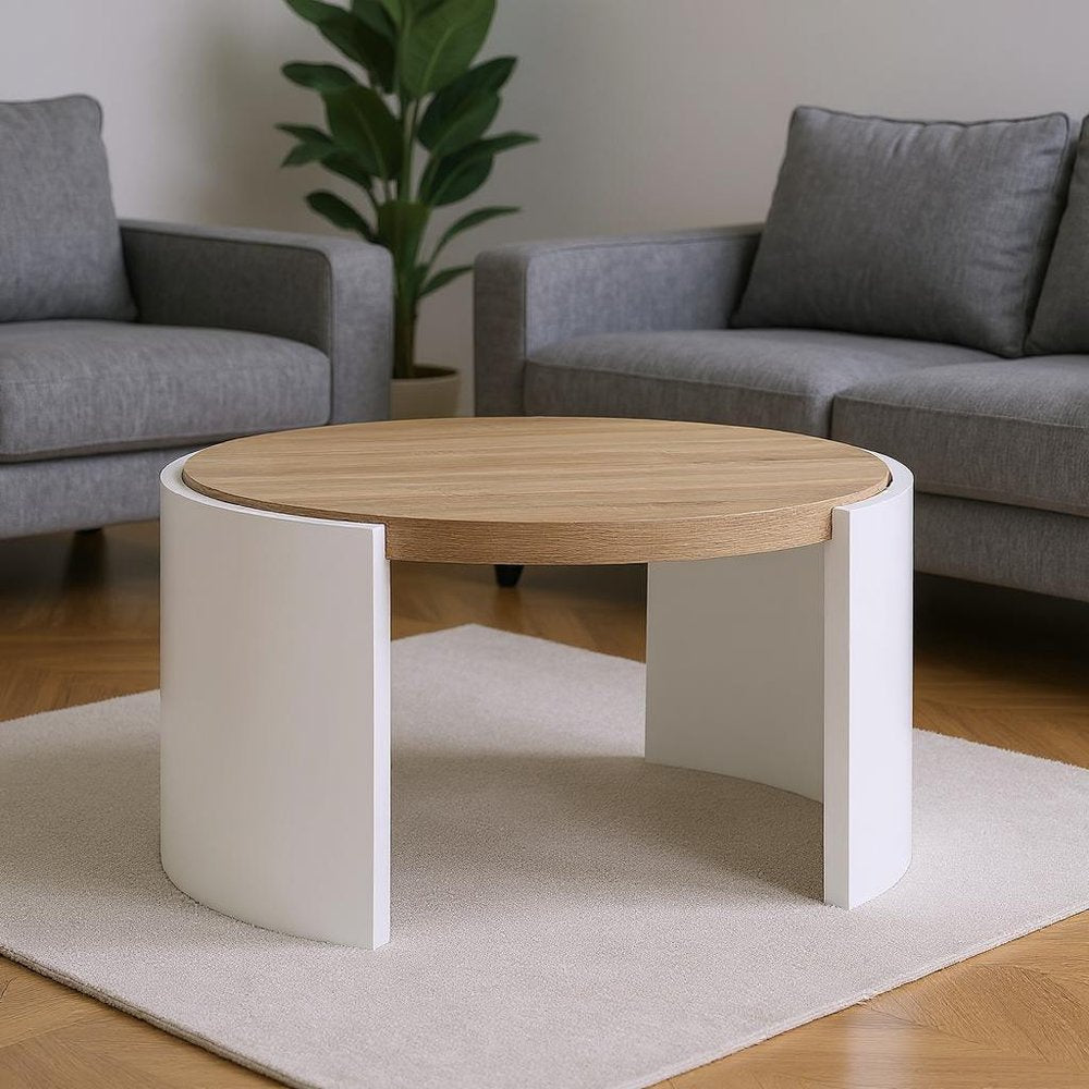 33" Oak and White Wood Round Partial Frame Coffee Table