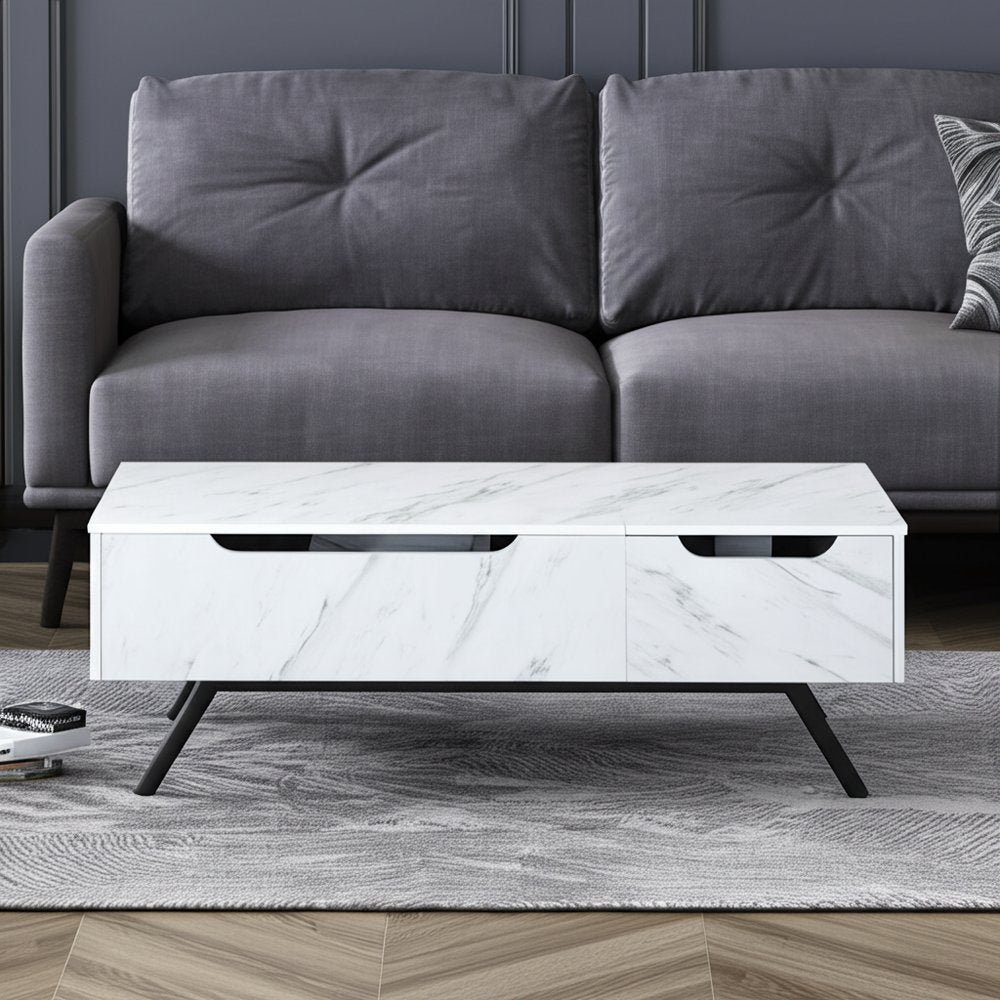 48" White and Black Wood and Steel Lift Top Coffee Table With Drawer
