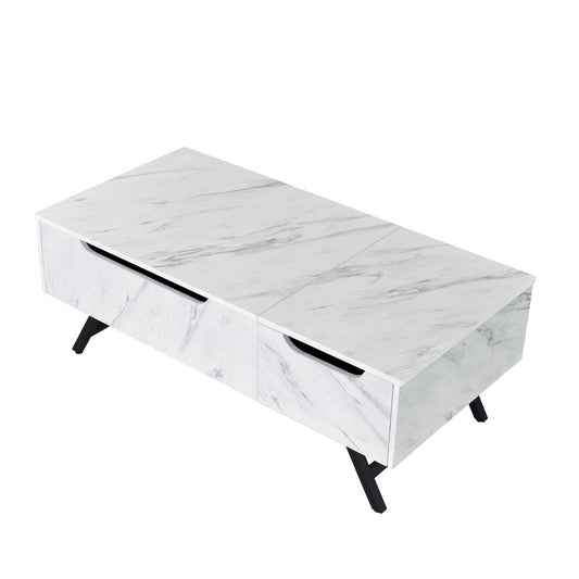 48" White and Black Wood and Steel Lift Top Coffee Table With Drawer