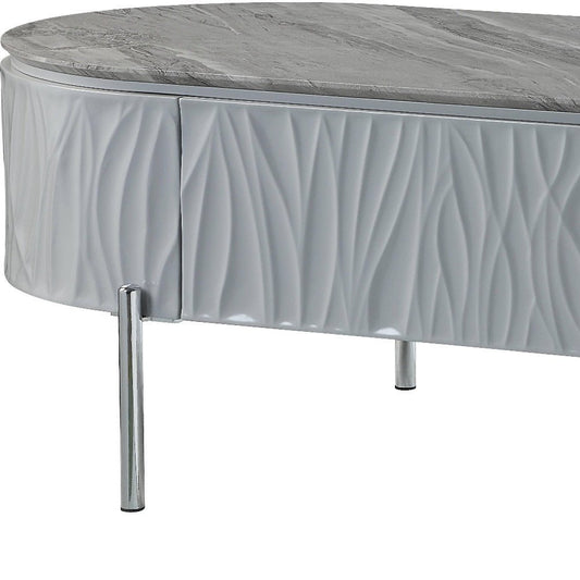 47" Gray Wood and Steel Oval Coffee Table With Drawer