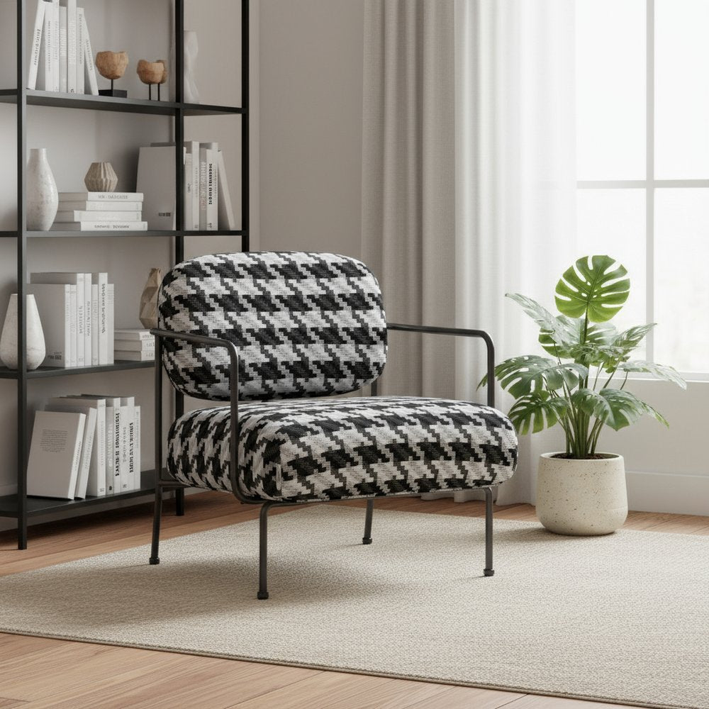 29" Black And White And Black Upholstered Houndstooth Arm Chair