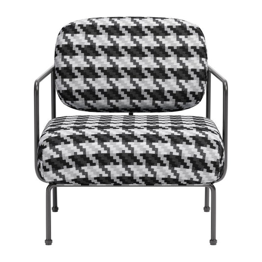 29" Black And White And Black Upholstered Houndstooth Arm Chair