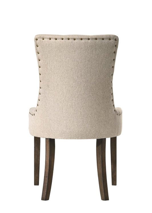 Set of Two Tufted Beige and Oak Upholstered Fabric And Solid Wood Dining Side Chairs