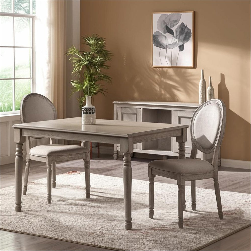 Set of Two Tan and Oak Upholstered Fabric King Louis Back Dining Side Chairs