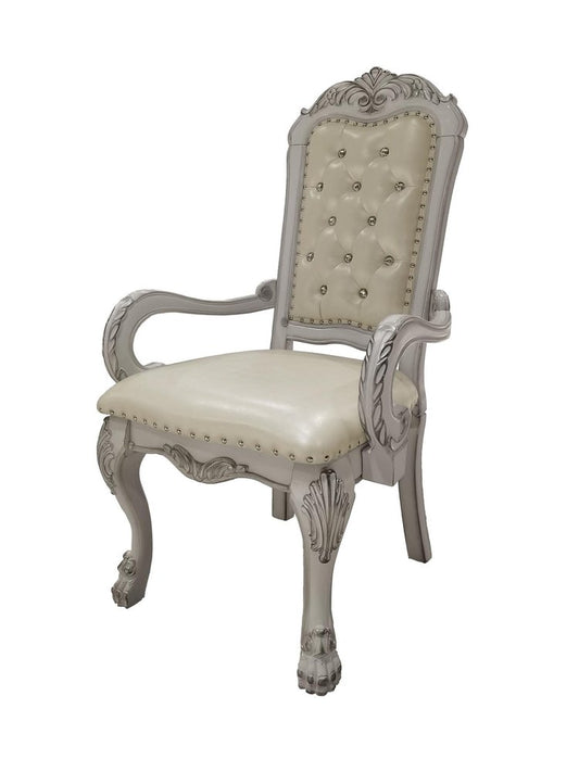 Set of Two Tufted White Upholstered Faux Leather And Wood Dining Arm Chairs