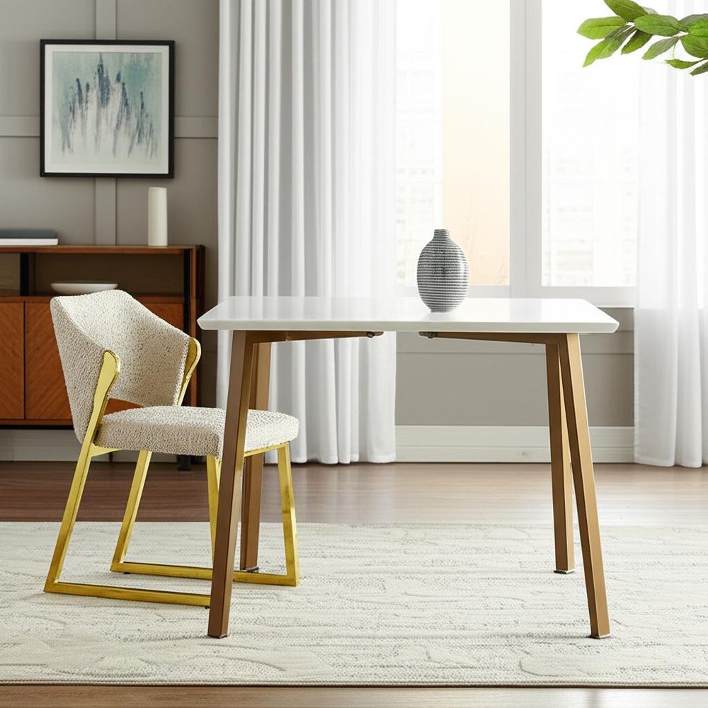 Beige and Gold Upholstered Boucle Wing Back Dining Side Chair