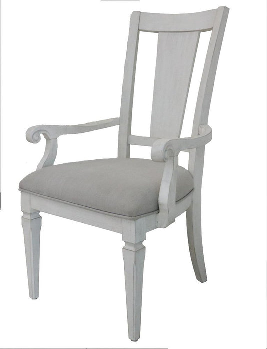 Set of Two Light Gray and White Upholstered Linen And Solid Wood Open Back Dining Arm Chairs