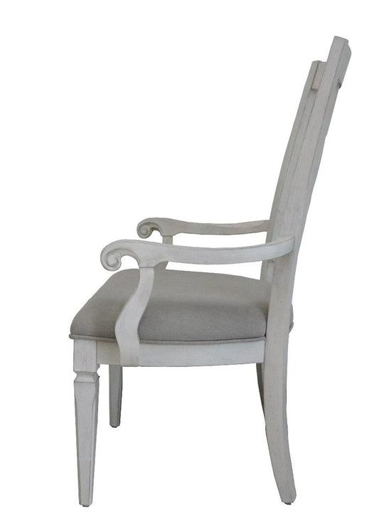 Set of Two Light Gray and White Upholstered Linen And Solid Wood Open Back Dining Arm Chairs
