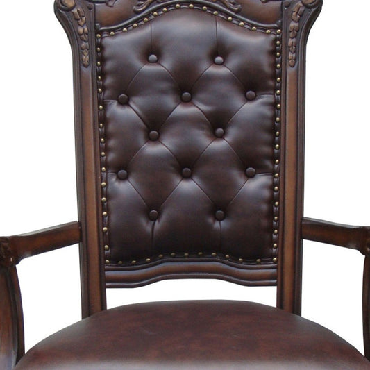 Set of Two Tufted Brown and Redwood Upholstered Faux Leather And Solid Wood Dining Arm Chairs