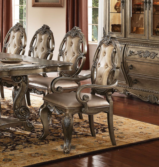 Set of Two Tufted Oak Upholstered Faux Leather And Solid Wood Dining Arm Chairs