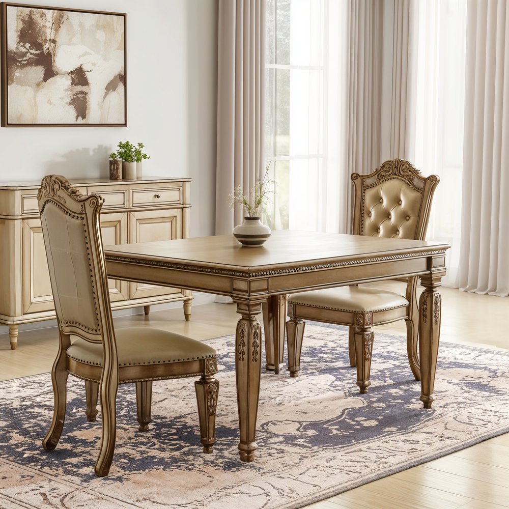 Set of Two Tufted Bone and Brass Upholstered Faux Leather And Wood Dining Side Chairs