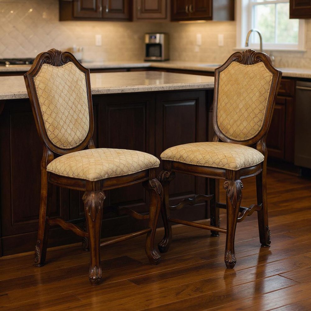 Set of Two 24" Beige And Espresso Fabric And Solid Wood Counter Height Bar Chairs