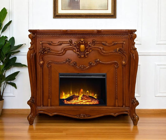 59" Brown Wood Ornate Carved Scrollwork Electric Fireplace With Mantle