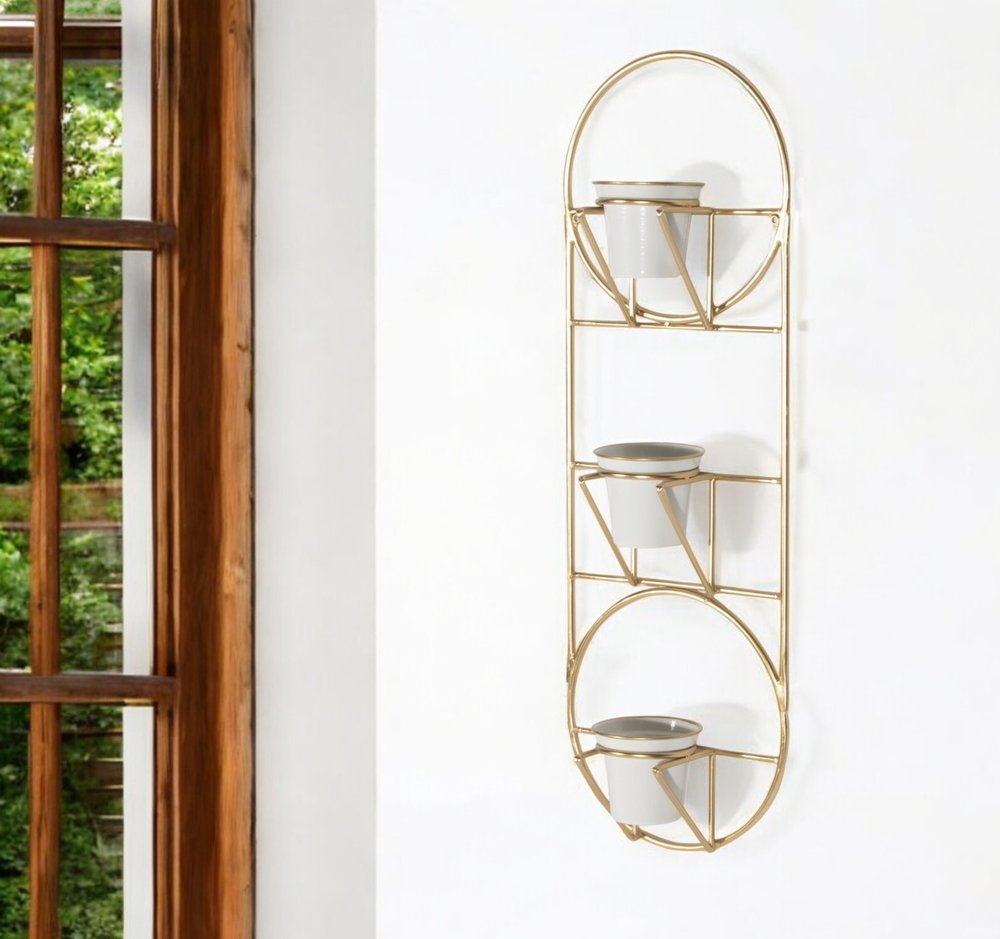 Gold And White Metal 10 Ounce Oval Wall Planter