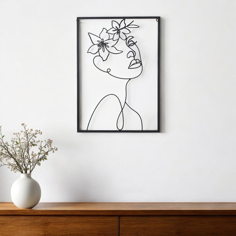 20" X 14" Black Metal Abstract Female Face Hanging Dimensional Sculpture