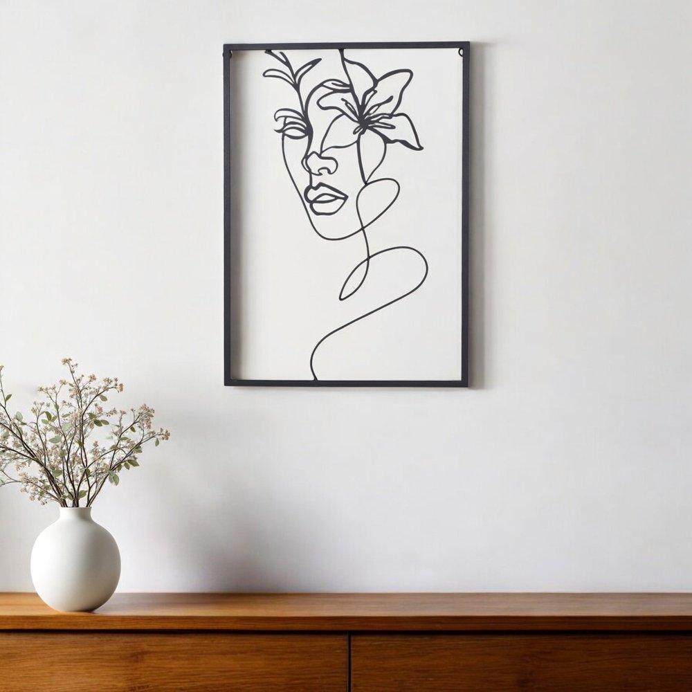 20" X 14" Black Metal Abstract Female Face Hanging Dimensional Sculpture