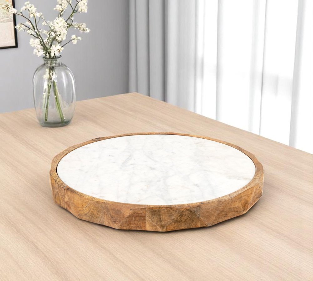 15" Brown And White Marble And Solid Wood Round Cheese Board