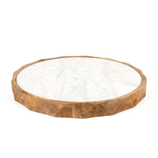 15" Brown And White Marble And Solid Wood Round Cheese Board
