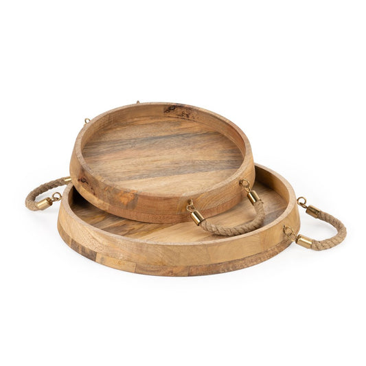 Set of Two Brown Round Solid Wood Serving Trays With Handles