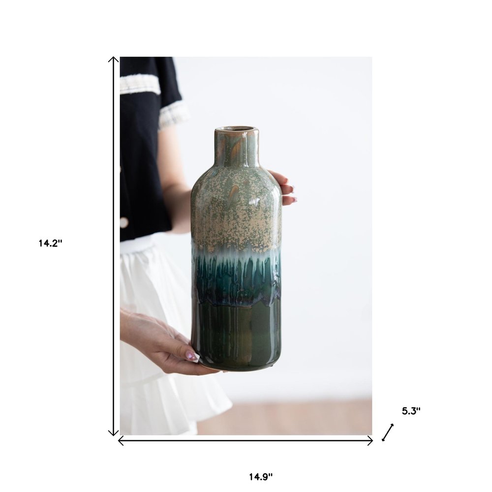 Set of Three Beige Blue And Green Round Ceramic Table Vase