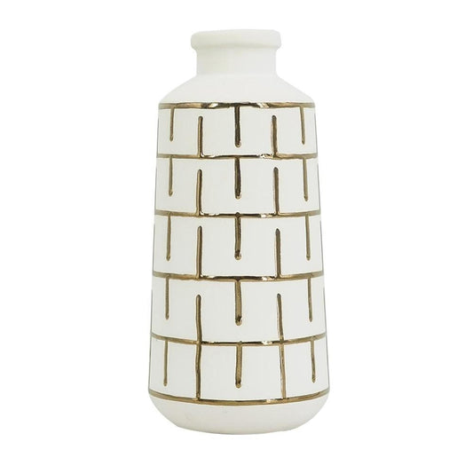 12" Ivory And Gold Geometric Cylindrical Ceramic Table Vase