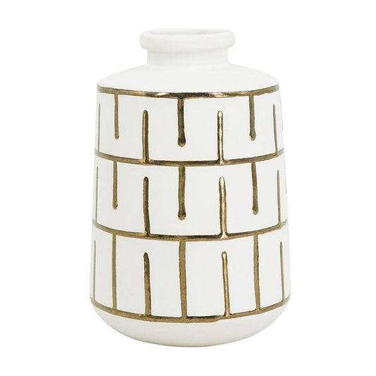 9" Ivory And Gold Geometric Round Ceramic Table Vase