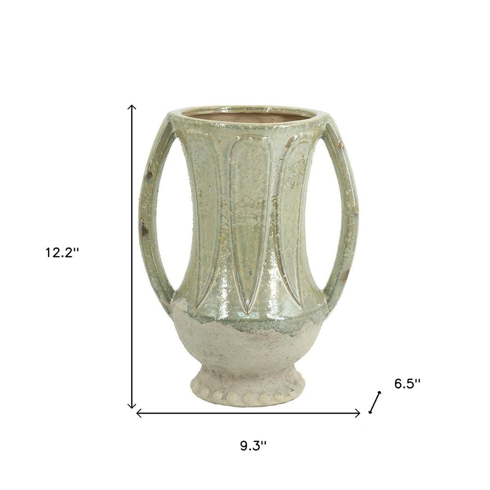 12" Sage And Ivory Amphora Ceramic Table Vase