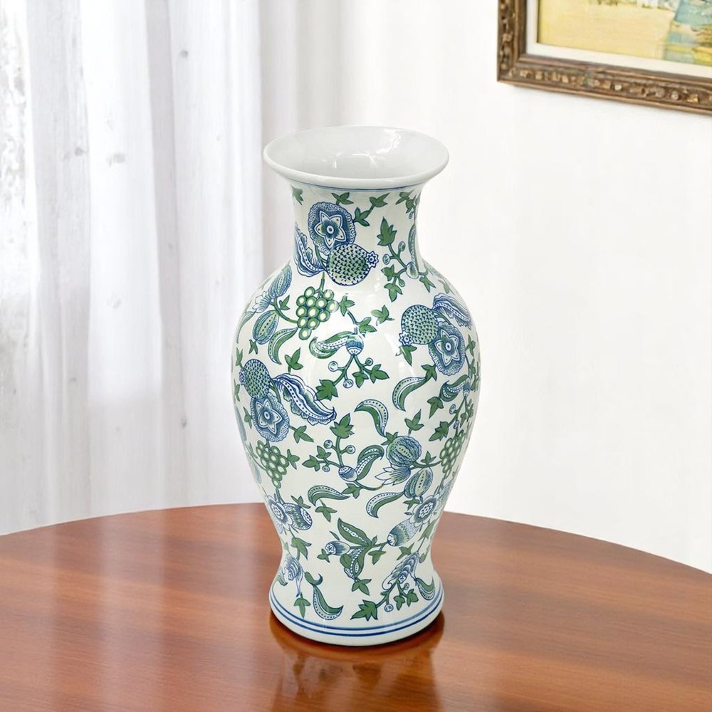 19" White Blue And Green Floral Urn Porcelain Table Vase
