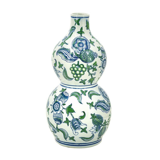 13" White Blue And Green Chinoiserie Porcelain Wavy Gourd Table Vase