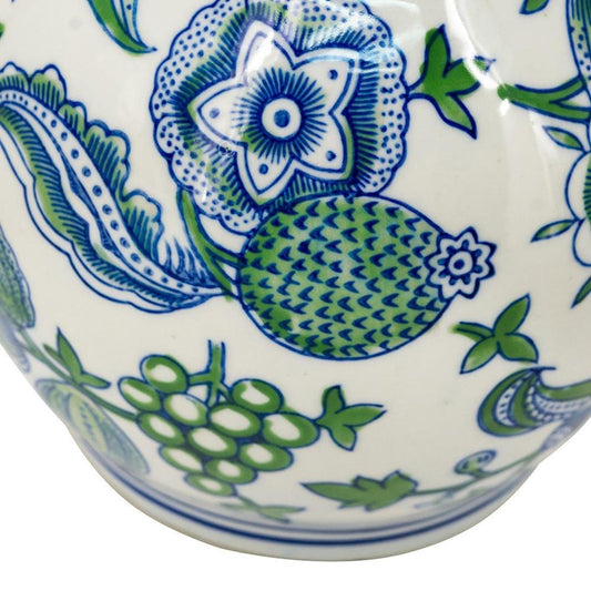 13" White Blue And Green Chinoiserie Porcelain Wavy Gourd Table Vase