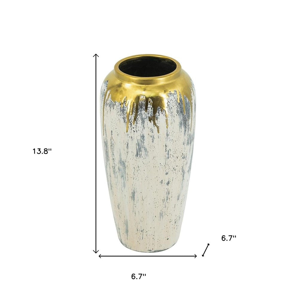 14" Gray Ivory And Gold Modern Abstract Ceramic Table Vase