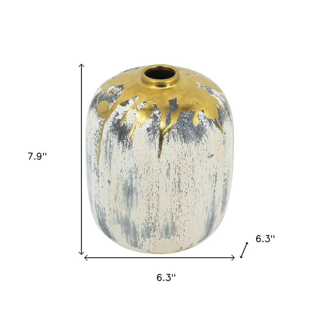 8" Gray Ivory And Gold Modern Abstract Ceramic Table Vase