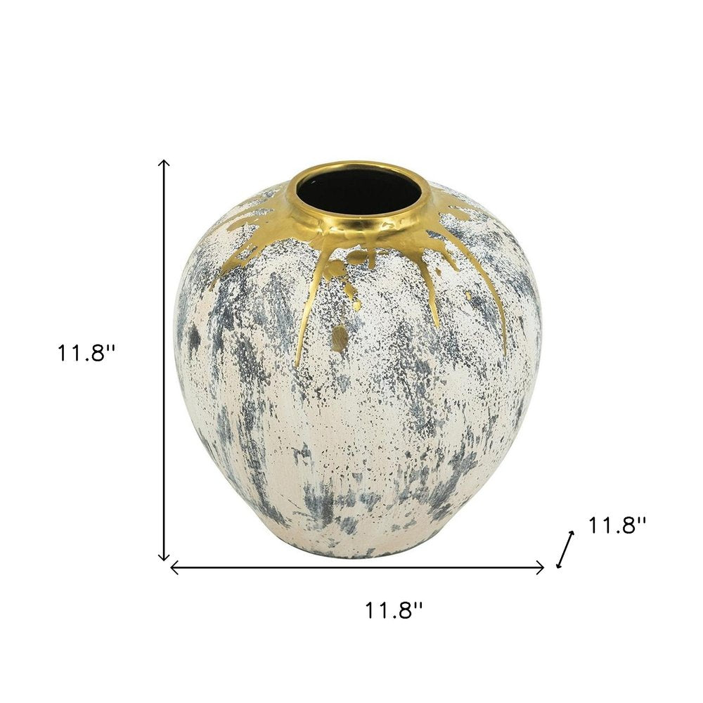 12" Gray Ivory And Gold Modern Abstract Ceramic Table Vase
