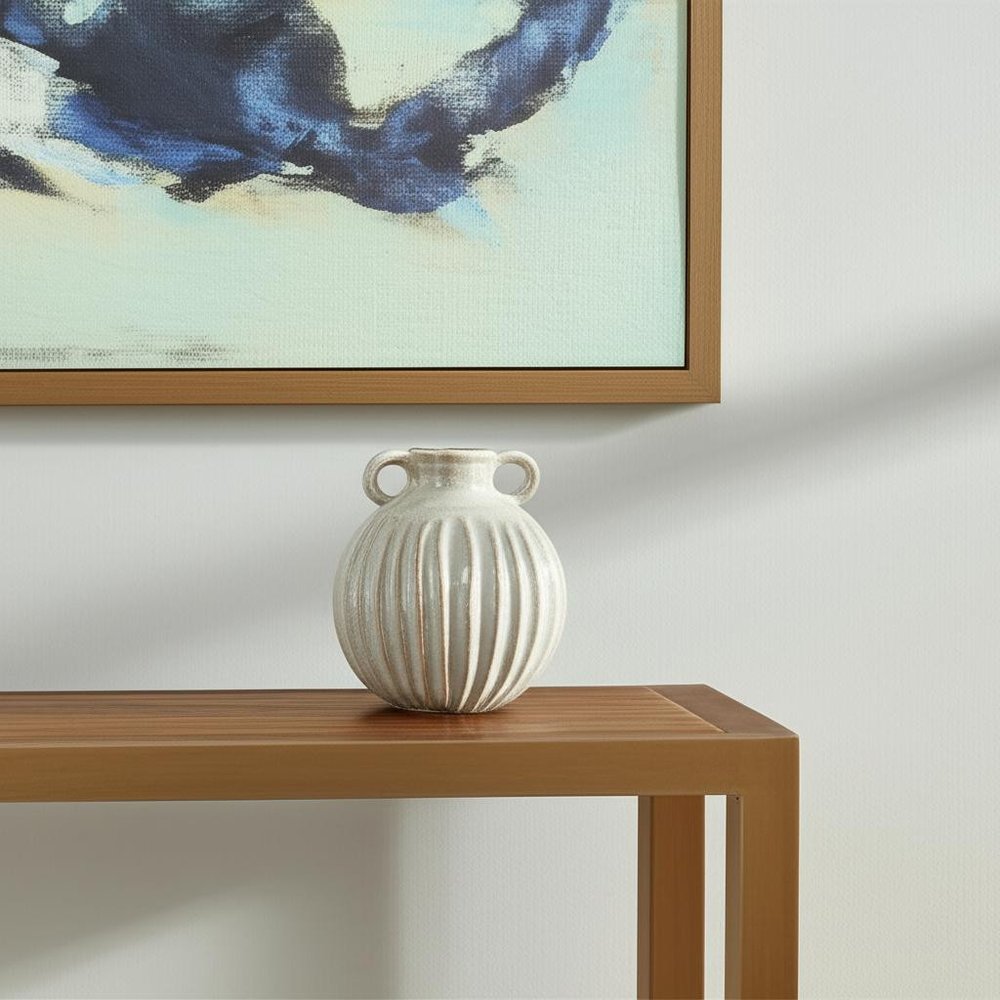 10" Sage And Gray Round With Handles Ceramic Table Vase