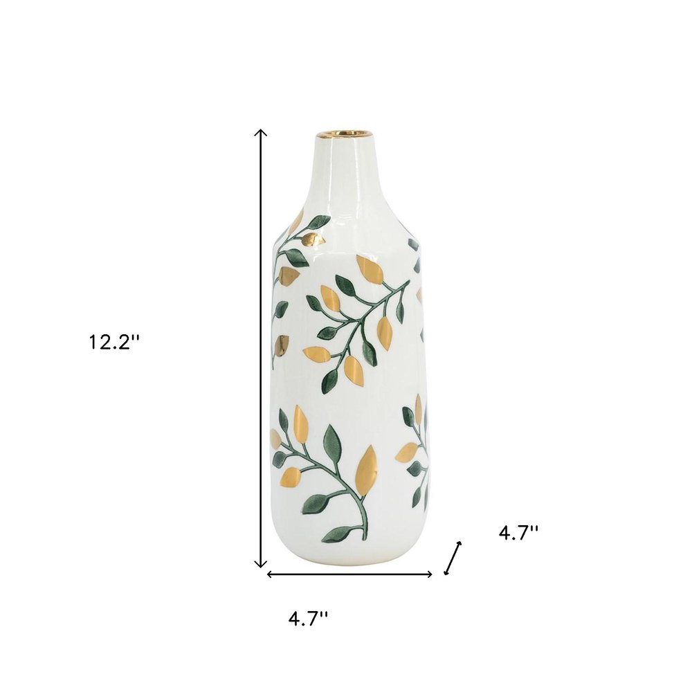 12" White Green And Gold Floral Leaf Bud Ceramic Table Vase
