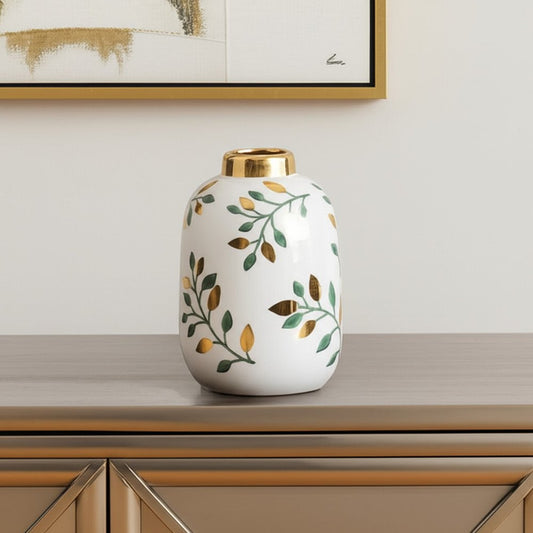 9" White Green And Gold Leaf Round Ceramic Table Vase