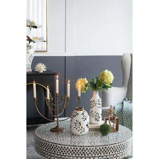 9" White Green And Gold Leaf Round Ceramic Table Vase